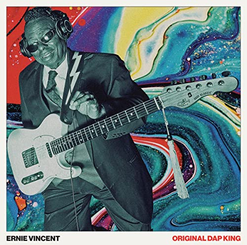 Ernie Vincent playing a white electric guitar against a colorful, swirling background.