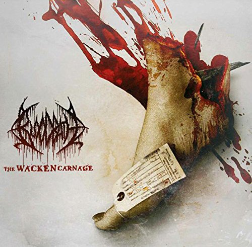 Amputated foot with nails and tag, surrounded by blood, on a vinyl album cover.