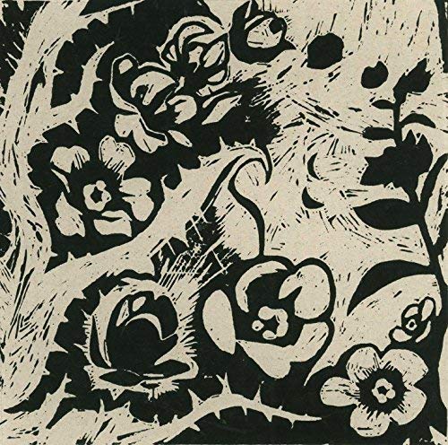 Black and white woodcut-style floral design, album artwork.