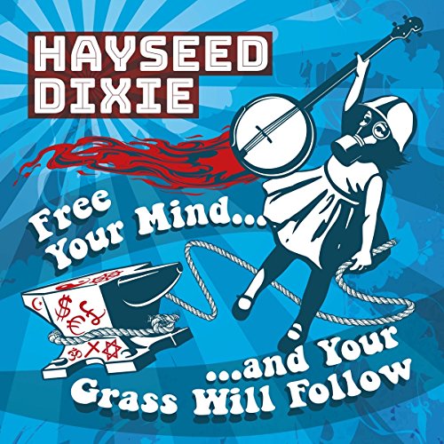 Hayseed Dixie album cover featuring a banjo, figure, and psychedelic imagery.