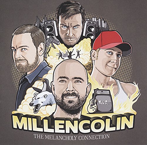 The image shows a CD cover featuring a cartoon illustration of four men's faces.