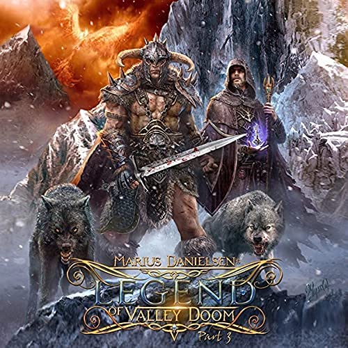 Fantasy album cover featuring armored warriors, wolves, and snowy mountains.