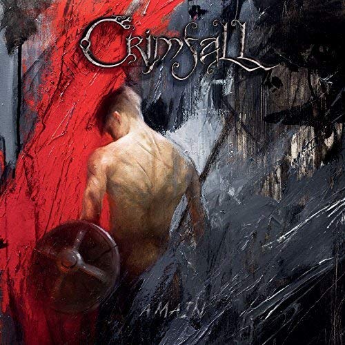 Album cover art: muscular man with shield, red and black abstract background, "Crimfall" title.