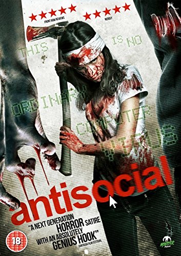 Bloody horror movie cover featuring a woman with an axe, titled "Antisocial.