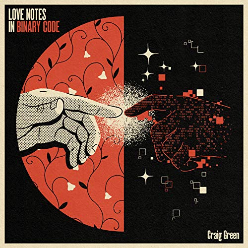 Album cover with two hands touching, surrounded by binary code and floral patterns.