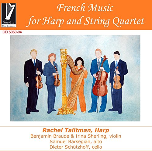 CD cover with illustration of musicians: harpist and string quartet in formal attire.
