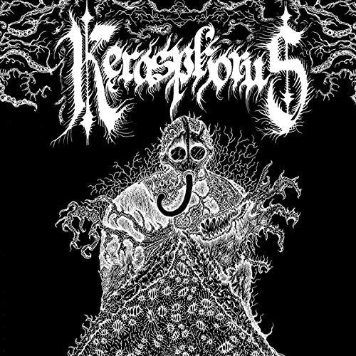 Black and white album cover with grotesque figure and stylized text against a black background.