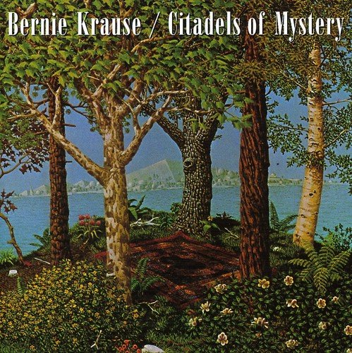 "Album cover art with serene forest scene, trees, and body of water in the background."