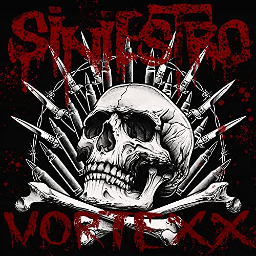 Skull wearing a crown of spikes and bones, with red splatter.