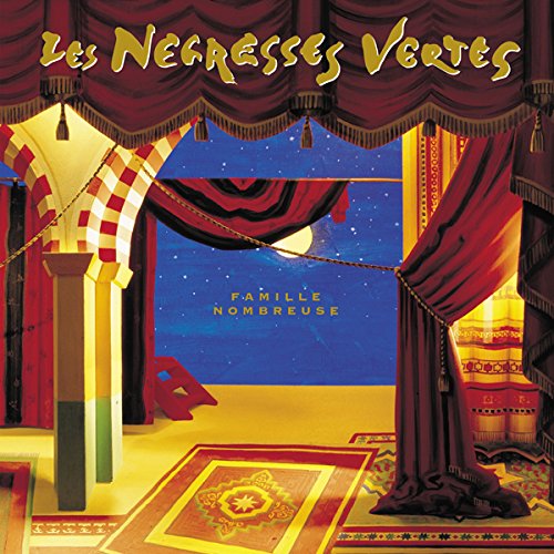 "Album cover art: ornate room with red curtains, yellow text, and starry night sky."