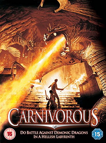DVD cover for "Carnivorous" showing people fighting a dragon in a fiery cave.