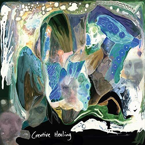 Abstract painted vinyl record cover with blue, green, and white swirls.