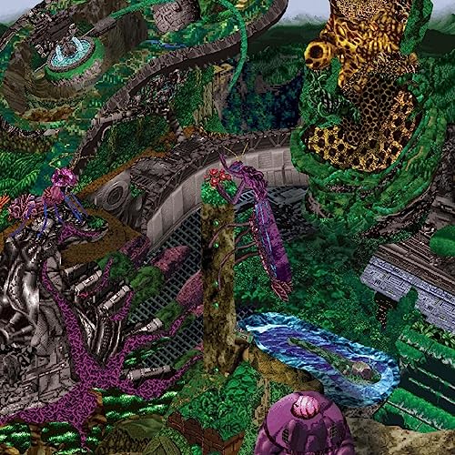 Pixelated album cover depicting a lush, overgrown, futuristic landscape with insects.