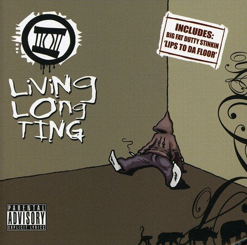 "Album cover with cartoon man falling, 'Living Long Ting' text, and parental advisory label."