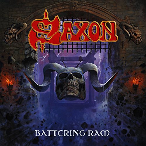 "Saxon Battering Ram album cover featuring a skull-headed battering ram against a dark, fiery background."