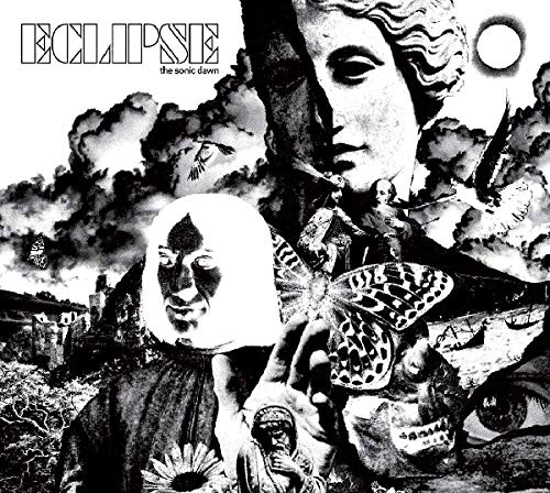 Black and white album cover with surreal imagery of faces, butterflies, and clouds.