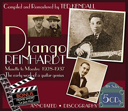 "Red CD cover with photos of Django Reinhardt and text describing the compilation."