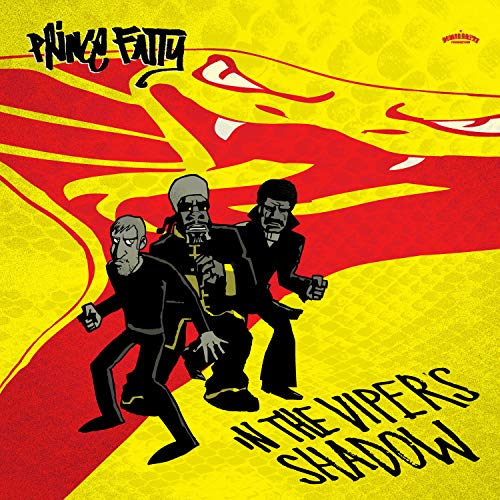 "Album cover with three men in black on a yellow and red background."