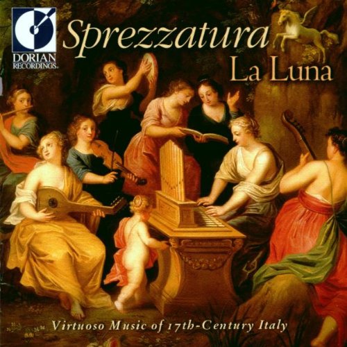 "CD cover art: Renaissance-style painting of women playing instruments, with title 'Sprezzatura La Luna'."