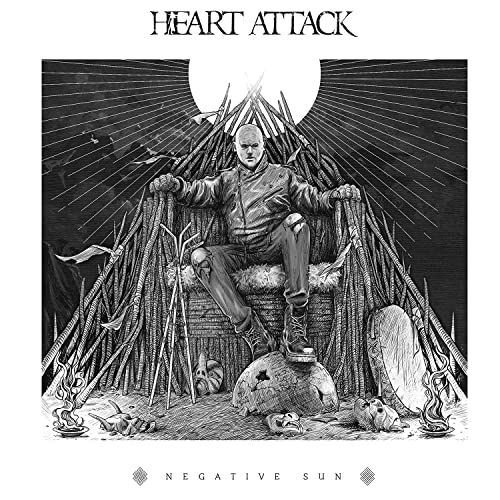 Black and white album cover: man on a thorn throne, sun behind.