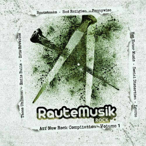 CD cover for "RauteMusik.Rock Vol. 1" featuring crossed nails on green.