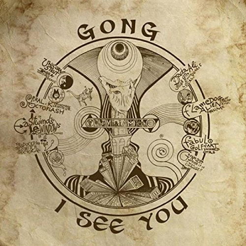 "Album cover with a circular design featuring a man and various illustrations."