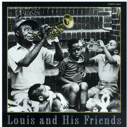 "Album cover with Louis Armstrong playing trumpet surrounded by children, black and white photo."