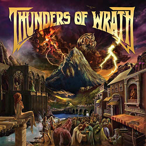 Fantasy album cover with stormy mountains, a wizard, and a distressed town.