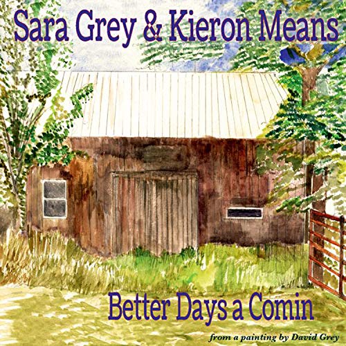 Watercolor painting of a barn with trees, surrounded by grass, on a music album cover.