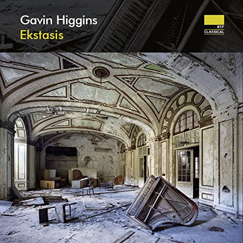 Ruined ballroom with a tipped piano, album cover for "Ekstasis.