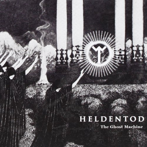 Black and white album cover with cloaked figures and a sun symbol.