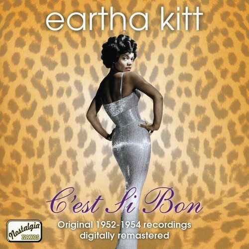 "CD cover featuring Eartha Kitt in a silver dress against a leopard print background."