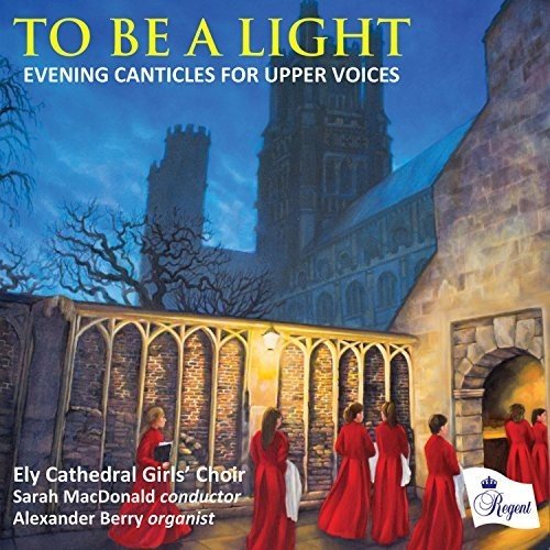 "CD cover art: Girls in red robes entering a cathedral at dusk."