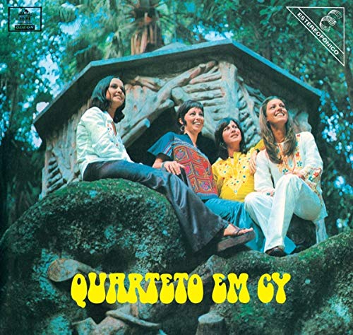 Album cover: Quarteto Em Cy, four people near a rustic structure.