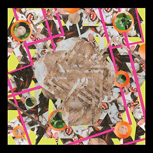 Abstract collage with animal imagery, geometric shapes, and a central stone form.