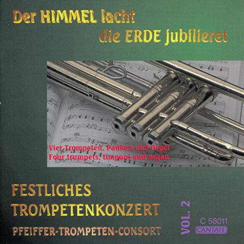 "CD cover with trumpets and sheet music on a green background."