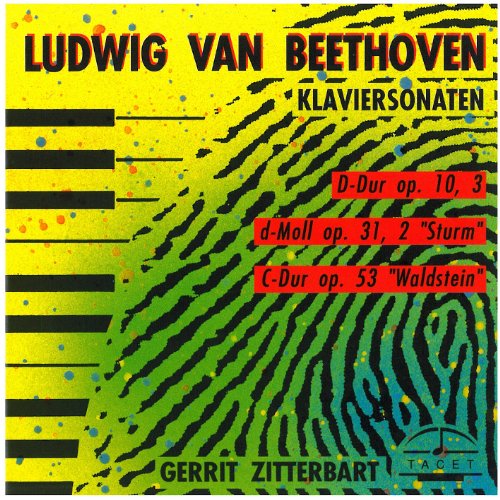 CD cover with Beethoven's name, piano keys, and colorful abstract design.