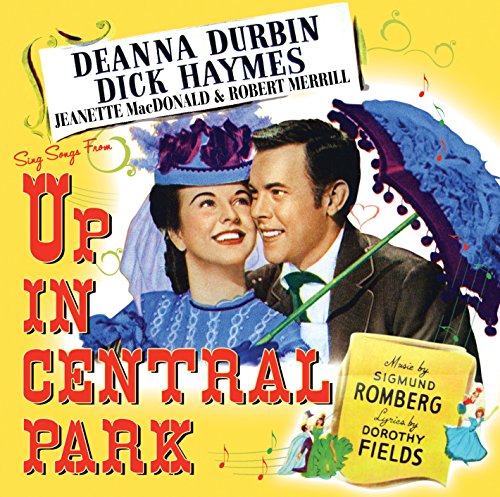"Album cover with Deanna Durbin and Dick Haymes under a blue umbrella, yellow background."