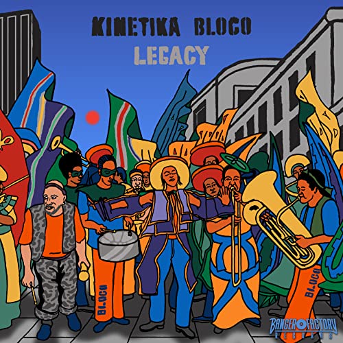 Colorful cartoon illustration of a street band performing in front of buildings.