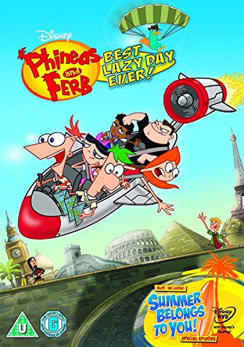 Phineas & Ferb" DVD cover featuring characters flying over world landmarks.