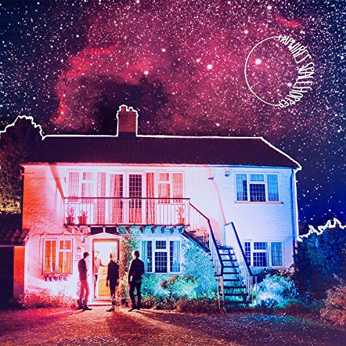 "Album cover featuring a white house under a starry night sky with three people."