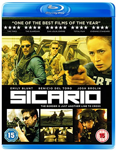 "Sicario Blu-ray case with cover art featuring actors and gun-wielding scenes."