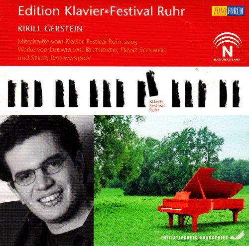 CD cover featuring pianist Kirill Gerstein, a piano, and piano keys.