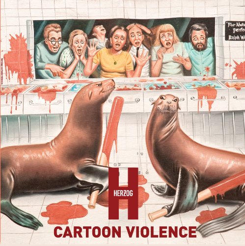 Vintage album cover with seals, shocked people, and red splatters.