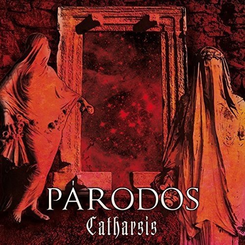 "Album cover art: two robed figures beside a stone frame, red-toned illustration."