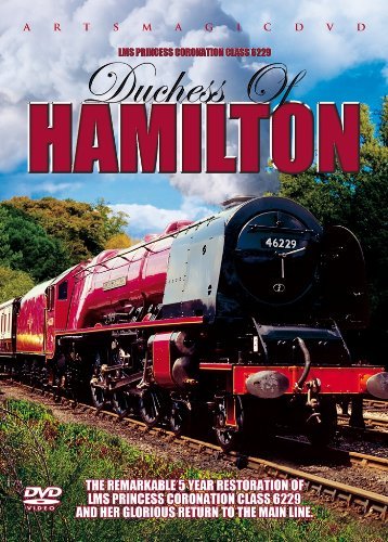 Red steam locomotive "Duchess of Hamilton" on railway tracks, DVD cover.