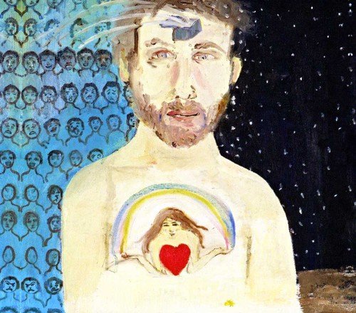 "Album cover art: man with a rainbow and heart on his chest."