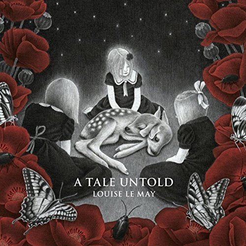 "CD cover art: three girls in black dresses surround a deer, surrounded by red flowers."