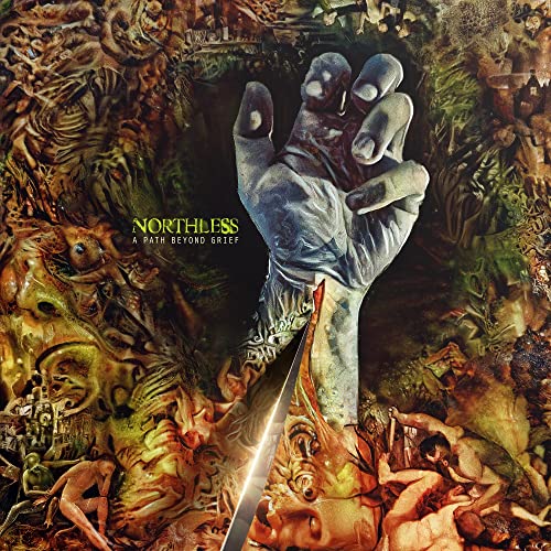 Hand emerging from textured, chaotic imagery; album cover for "Northless.