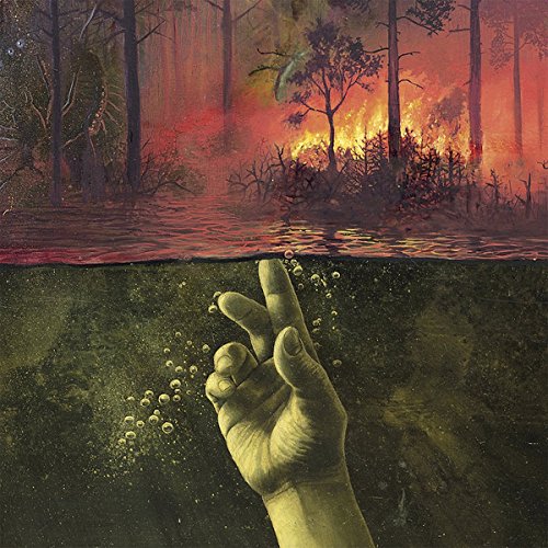 A hand rising from murky water, with a burning forest scene above.